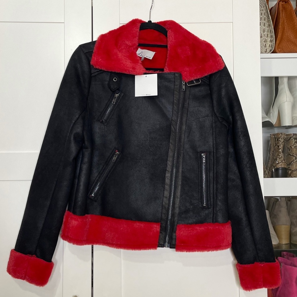 Faux Leather Moto Jacket with Red Fur Trim